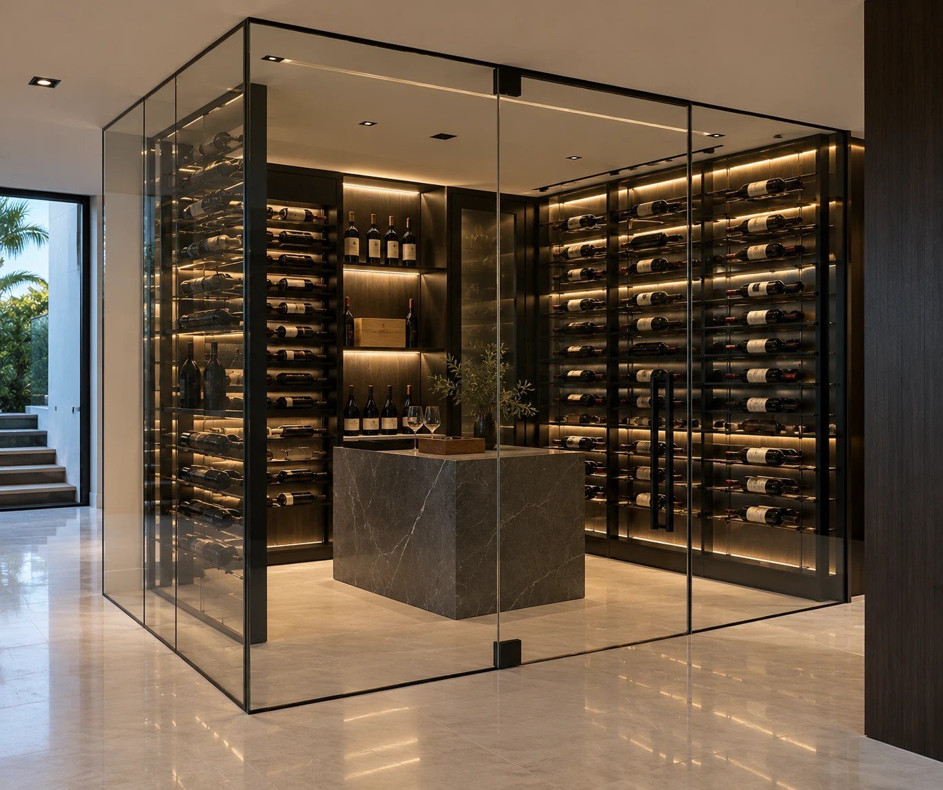 Custom glass-enclosed wine cellar with backlit wood shelving and a marble tasting island
